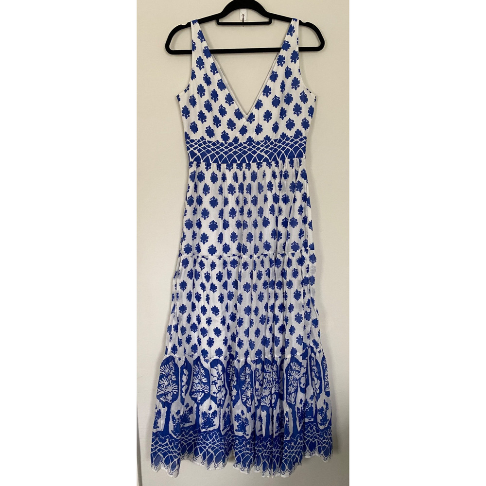 J.Crew Womens 4 V-Neck Maxi Dress Santorini Blue Block Print Cotton Tiered India - Picture 2 of 13